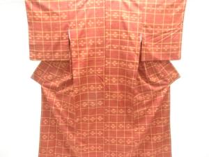 格子に絣柄織り出し手織り真綿紬着物